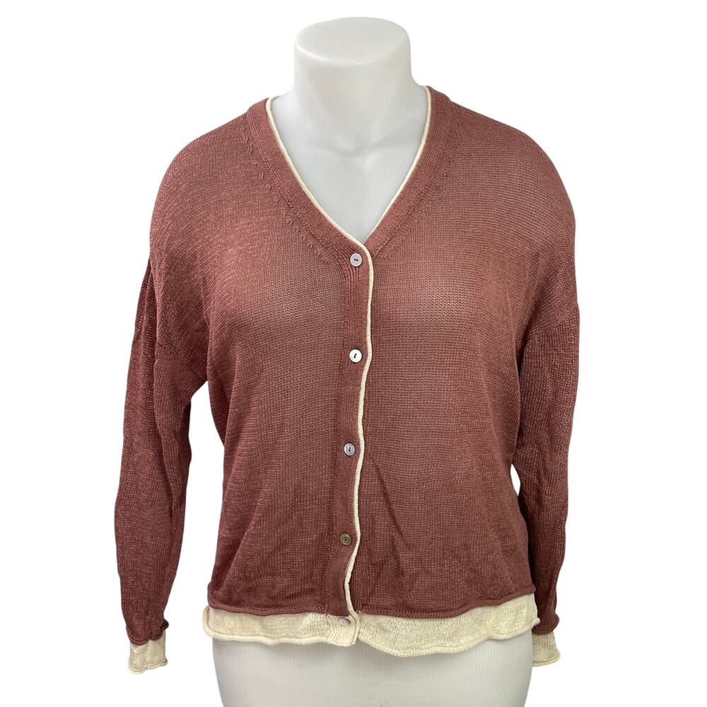 Zara Marsala Brown Cream Long Sleeves Knit Button Down Cardigan Sweater Top XL